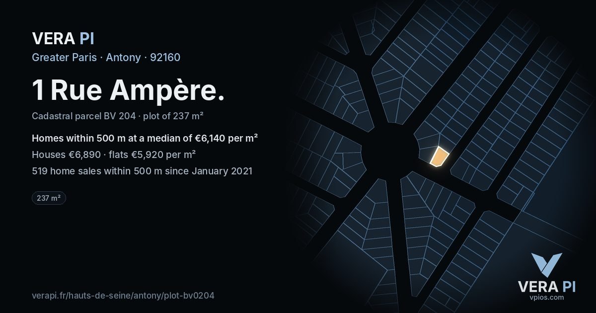 1 Rue Ampère, Antony at night – the plot lit, the parcels around coloured by the prices near them