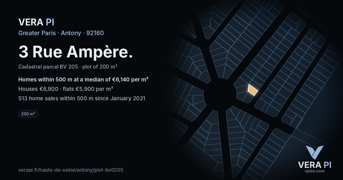 3 Rue Ampère, Antony at night – the plot lit, the parcels around coloured by the prices near them