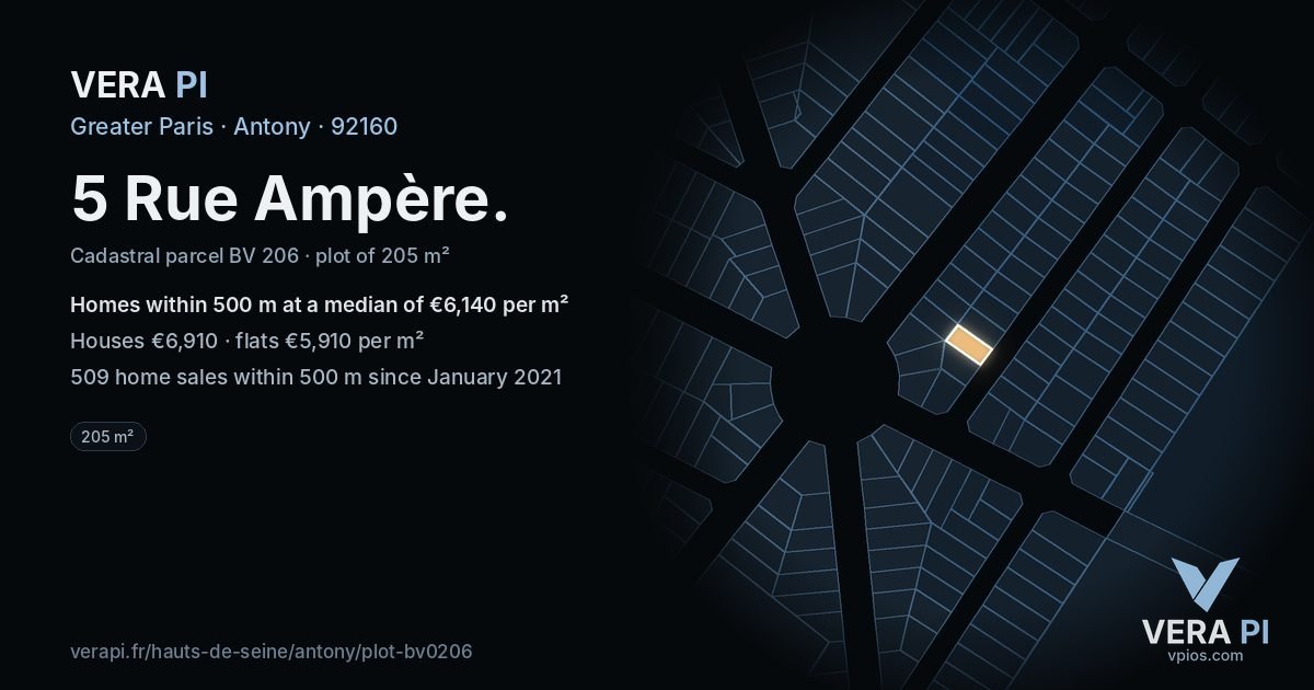 5 Rue Ampère, Antony at night – the plot lit, the parcels around coloured by the prices near them