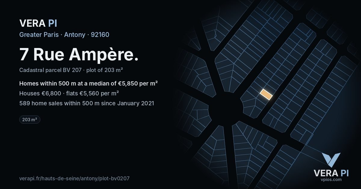 7 Rue Ampère, Antony at night – the plot lit, the parcels around coloured by the prices near them