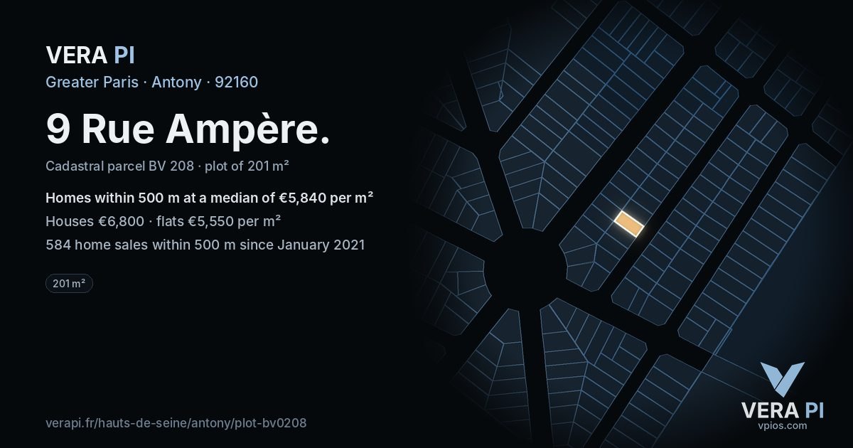 9 Rue Ampère, Antony at night – the plot lit, the parcels around coloured by the prices near them