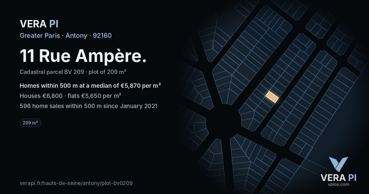 11 Rue Ampère, Antony at night – the plot lit, the parcels around coloured by the prices near them