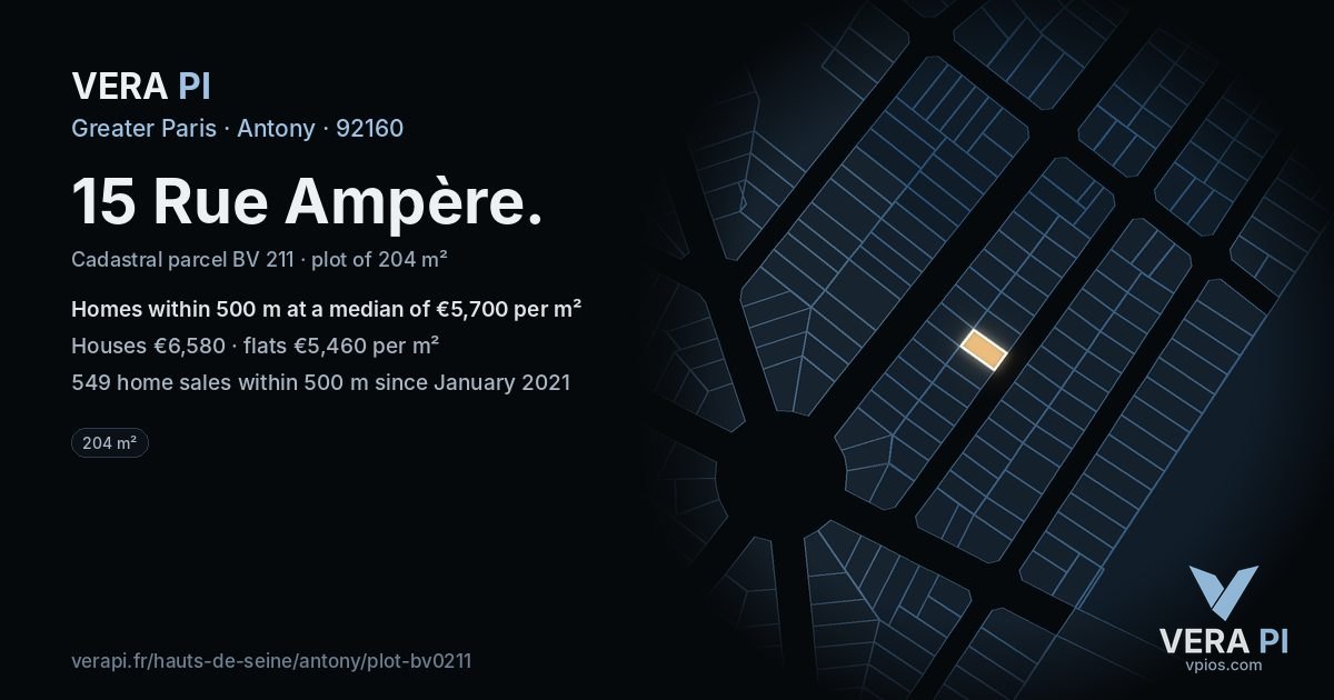 15 Rue Ampère, Antony at night – the plot lit, the parcels around coloured by the prices near them