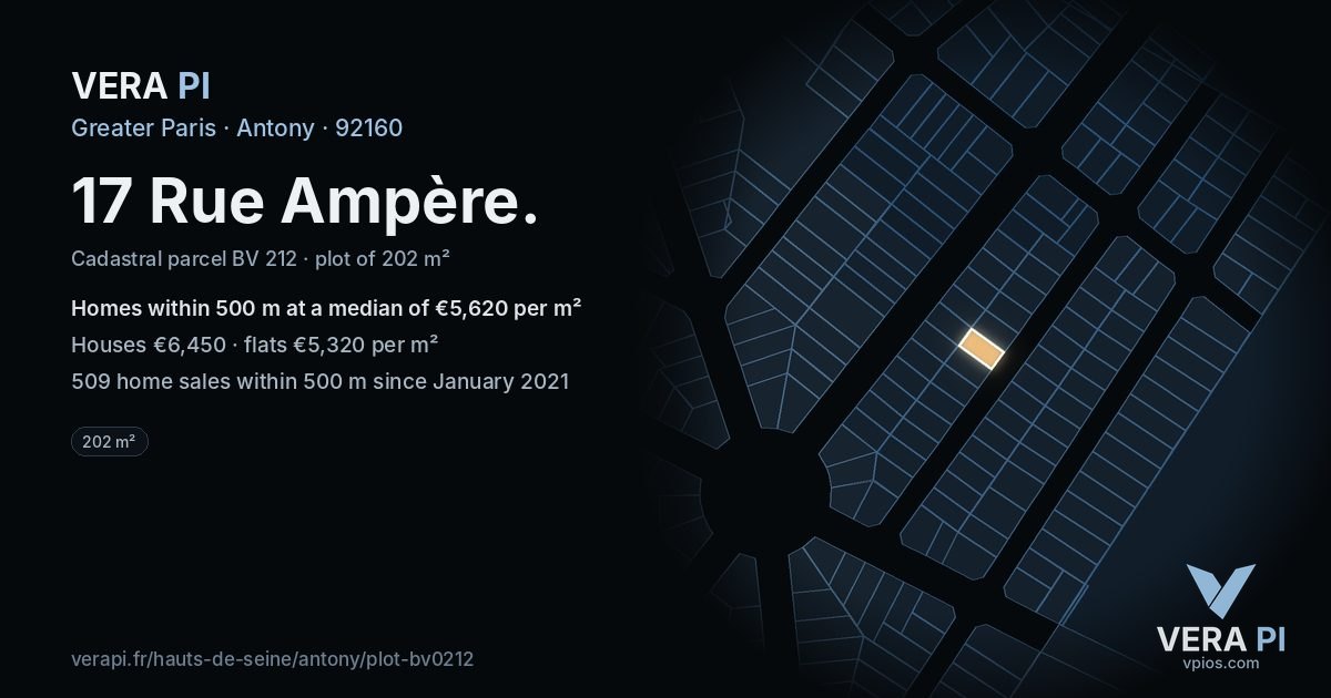 17 Rue Ampère, Antony at night – the plot lit, the parcels around coloured by the prices near them