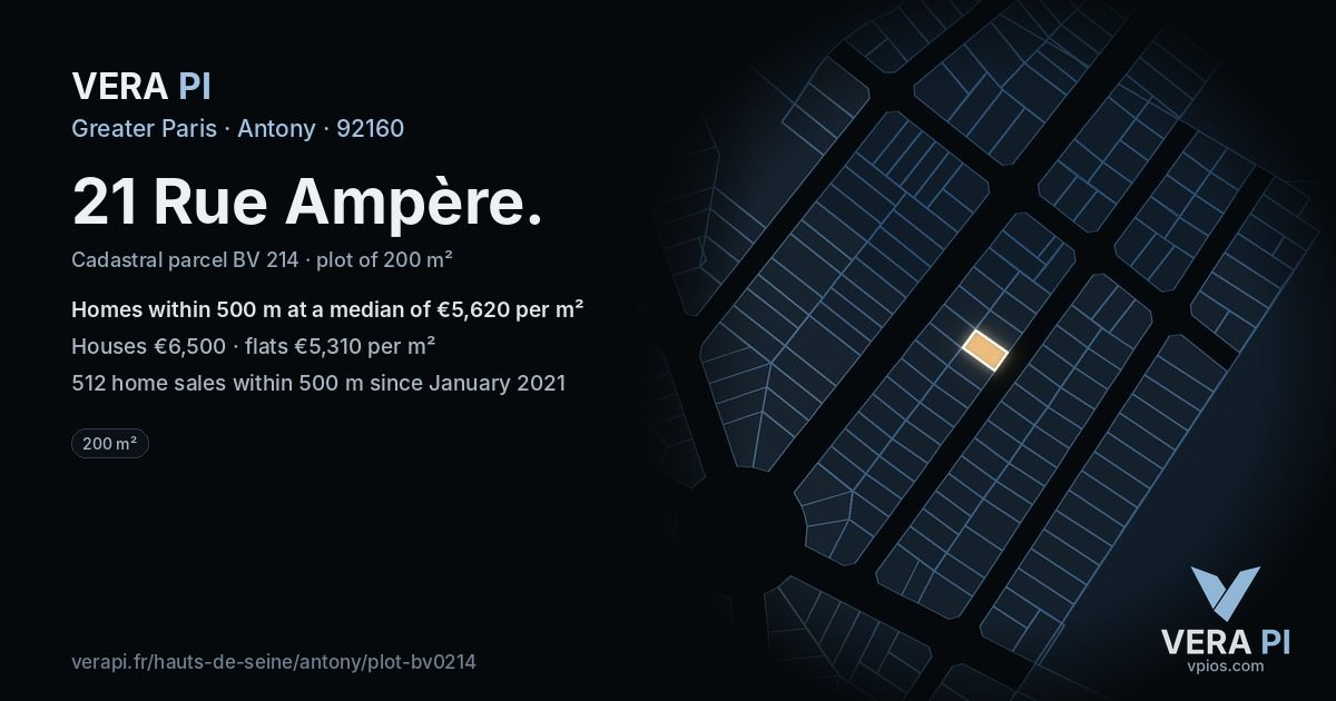 21 Rue Ampère, Antony at night – the plot lit, the parcels around coloured by the prices near them