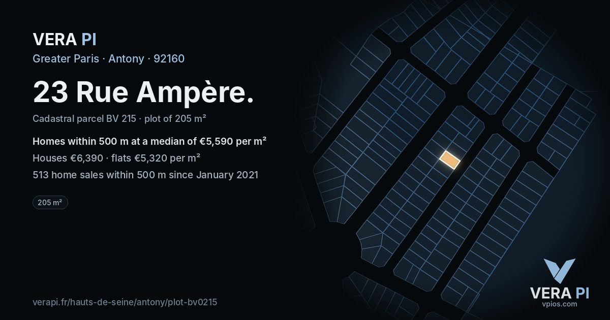 23 Rue Ampère, Antony at night – the plot lit, the parcels around coloured by the prices near them