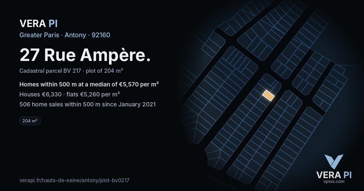 27 Rue Ampère, Antony at night – the plot lit, the parcels around coloured by the prices near them