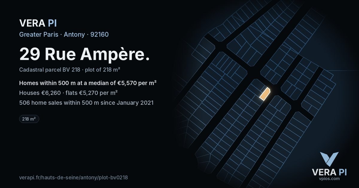29 Rue Ampère, Antony at night – the plot lit, the parcels around coloured by the prices near them
