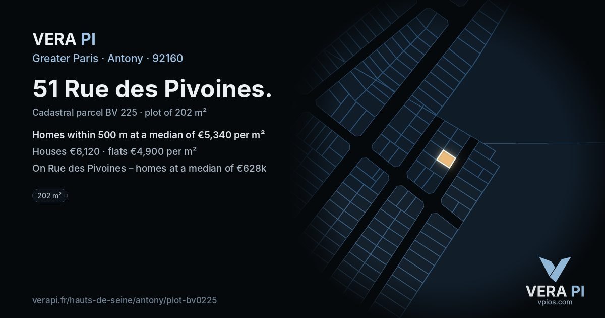 51 Rue des Pivoines, Antony at night – the plot lit, the parcels around coloured by the prices near them
