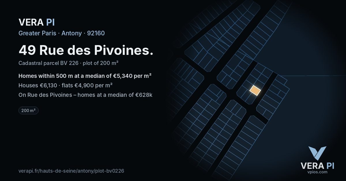 49 Rue des Pivoines, Antony at night – the plot lit, the parcels around coloured by the prices near them