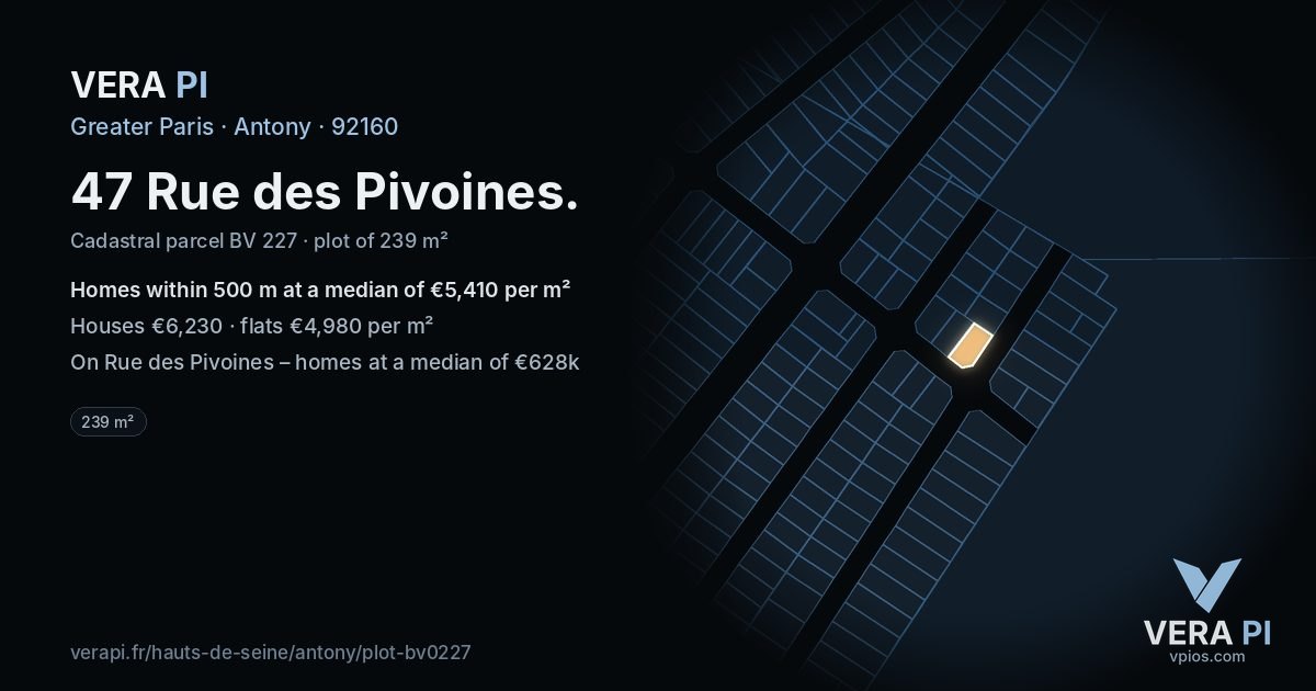 47 Rue des Pivoines, Antony at night – the plot lit, the parcels around coloured by the prices near them