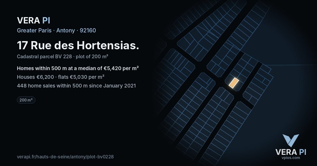 17 Rue des Hortensias, Antony at night – the plot lit, the parcels around coloured by the prices near them