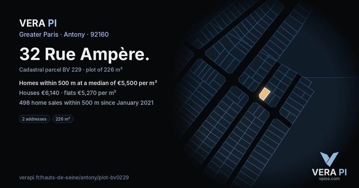 32 Rue Ampère, Antony at night – the plot lit, the parcels around coloured by the prices near them