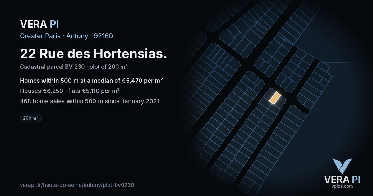 22 Rue des Hortensias, Antony at night – the plot lit, the parcels around coloured by the prices near them