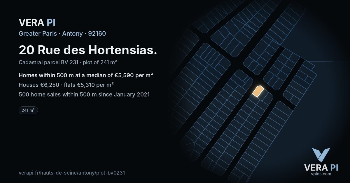 20 Rue des Hortensias, Antony at night – the plot lit, the parcels around coloured by the prices near them