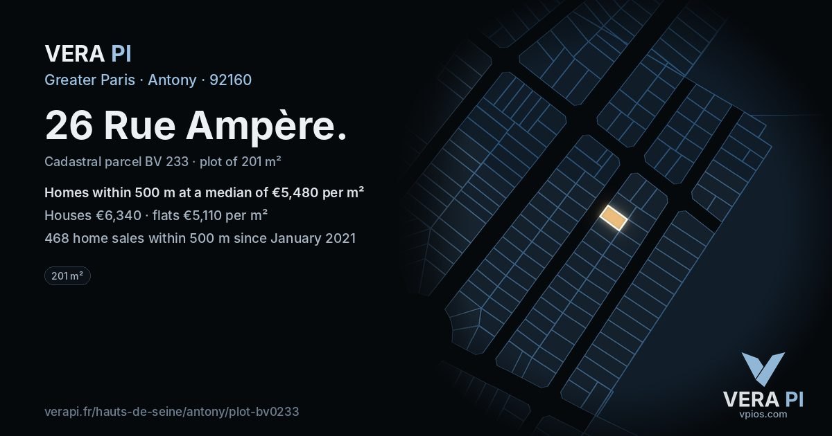26 Rue Ampère, Antony at night – the plot lit, the parcels around coloured by the prices near them