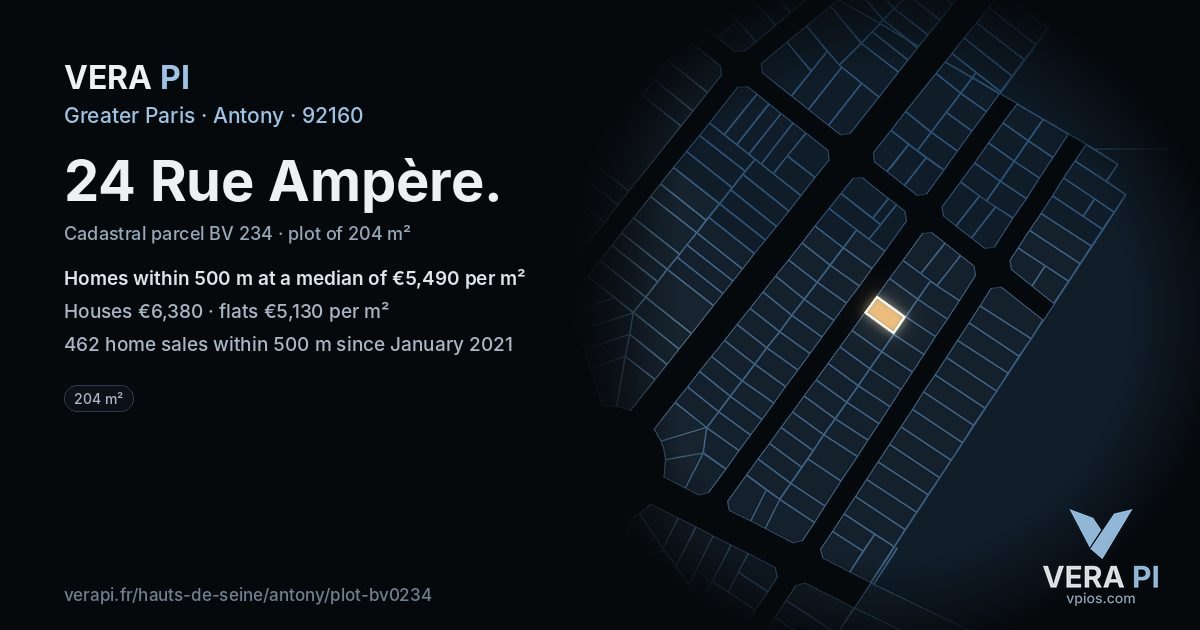 24 Rue Ampère, Antony at night – the plot lit, the parcels around coloured by the prices near them