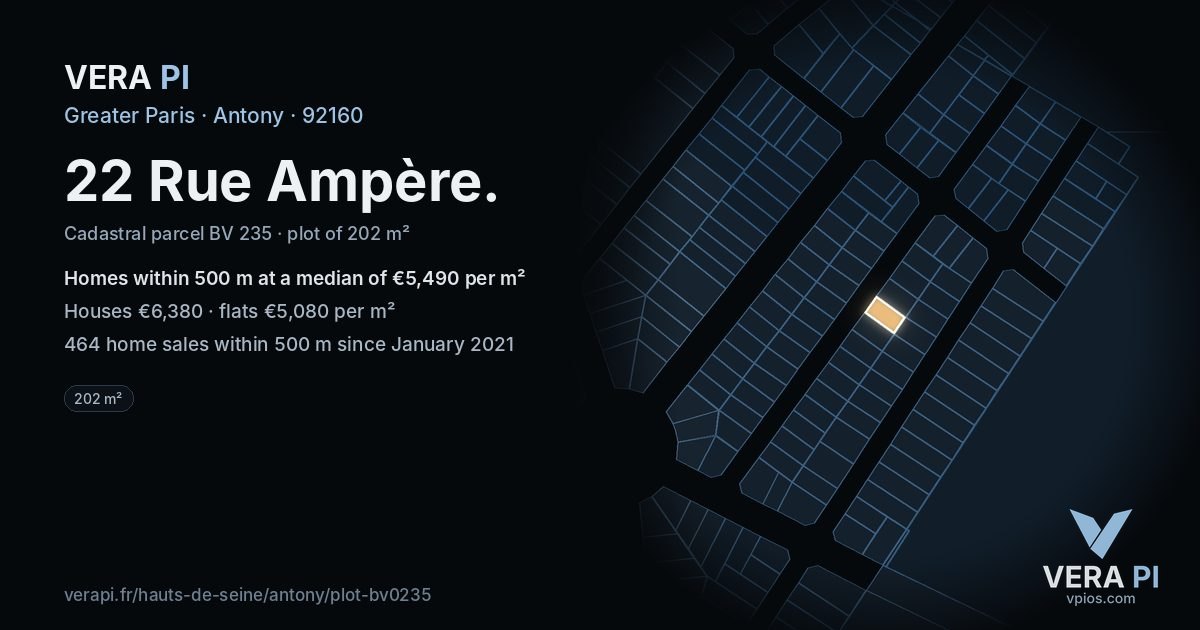 22 Rue Ampère, Antony at night – the plot lit, the parcels around coloured by the prices near them