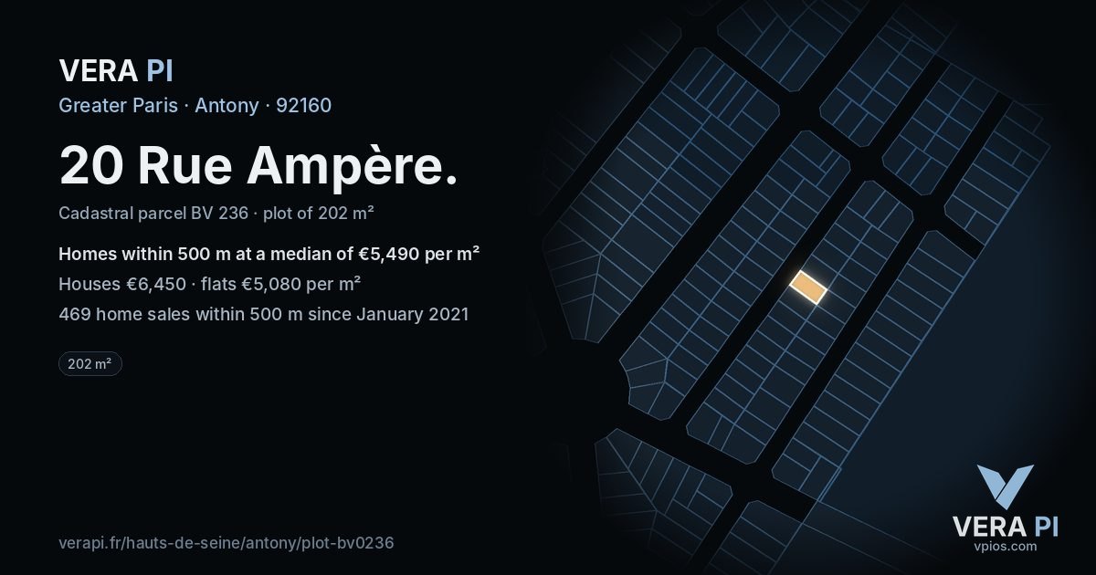 20 Rue Ampère, Antony at night – the plot lit, the parcels around coloured by the prices near them