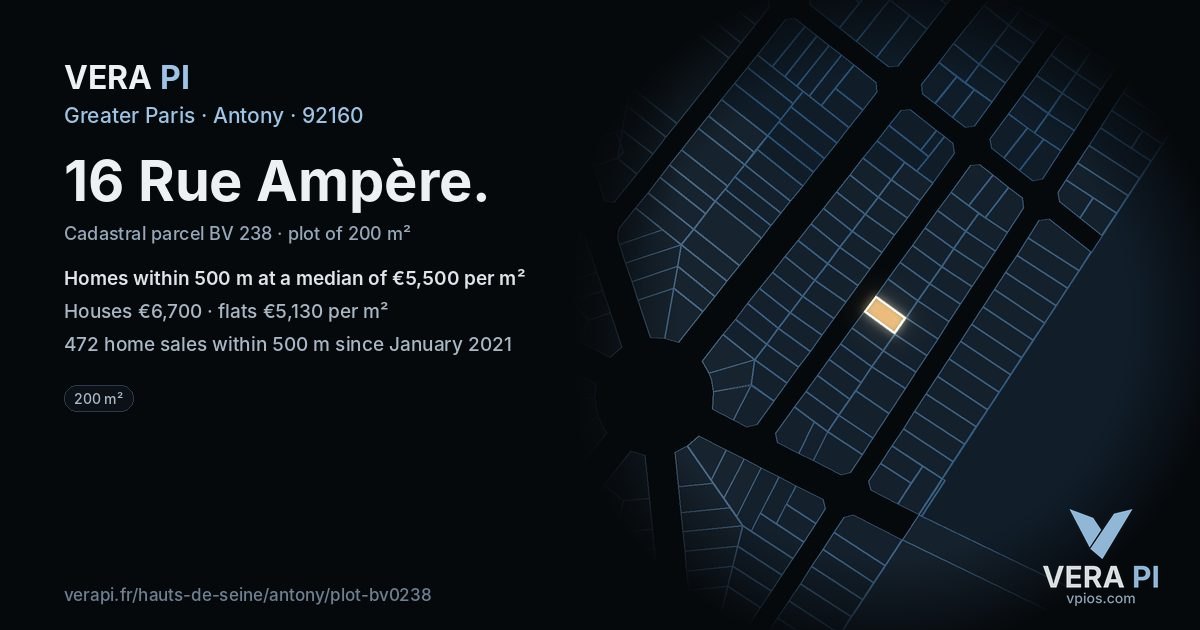 16 Rue Ampère, Antony at night – the plot lit, the parcels around coloured by the prices near them