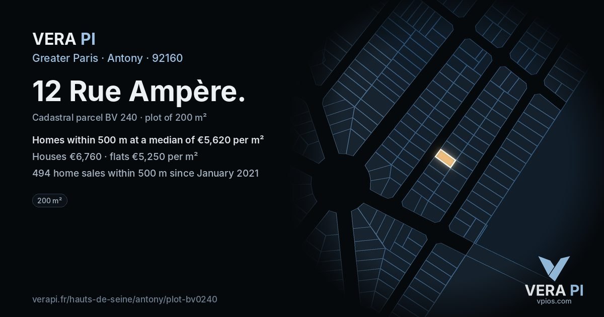 12 Rue Ampère, Antony at night – the plot lit, the parcels around coloured by the prices near them