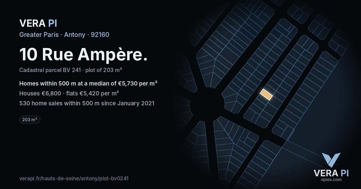 10 Rue Ampère, Antony at night – the plot lit, the parcels around coloured by the prices near them