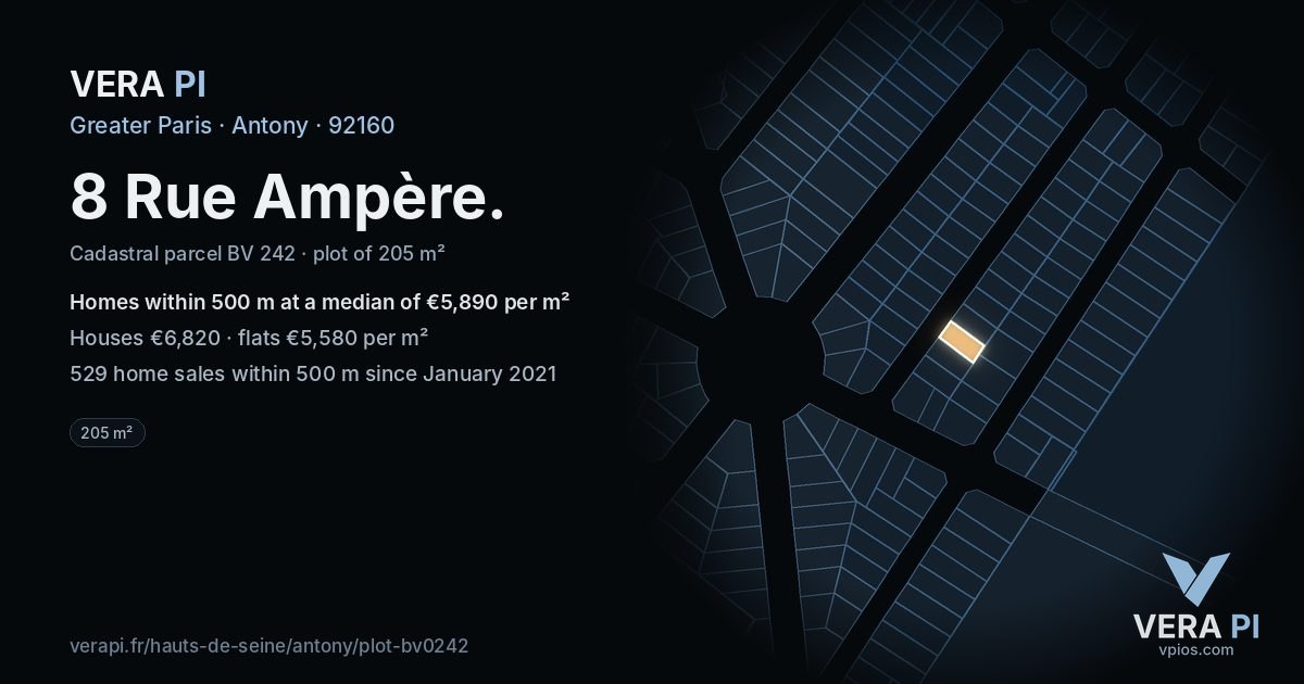 8 Rue Ampère, Antony at night – the plot lit, the parcels around coloured by the prices near them