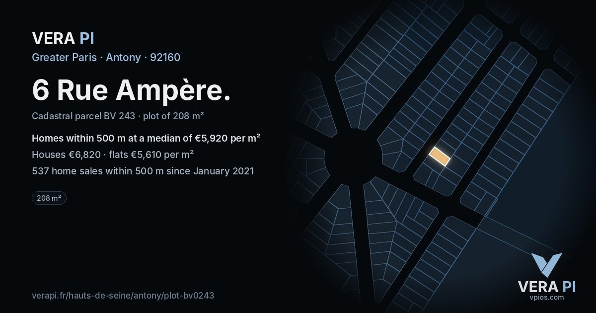 6 Rue Ampère, Antony at night – the plot lit, the parcels around coloured by the prices near them