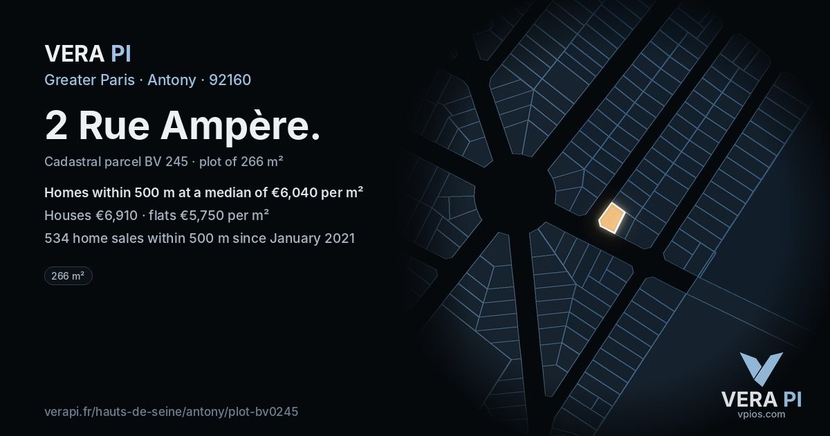 2 Rue Ampère, Antony at night – the plot lit, the parcels around coloured by the prices near them