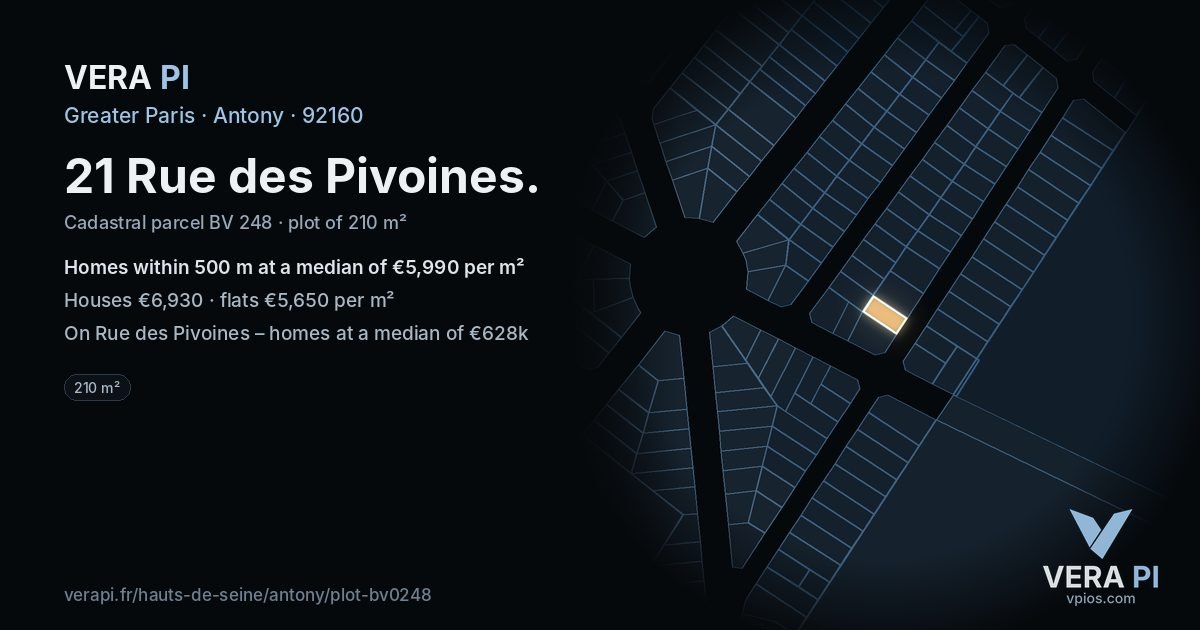 21 Rue des Pivoines, Antony at night – the plot lit, the parcels around coloured by the prices near them