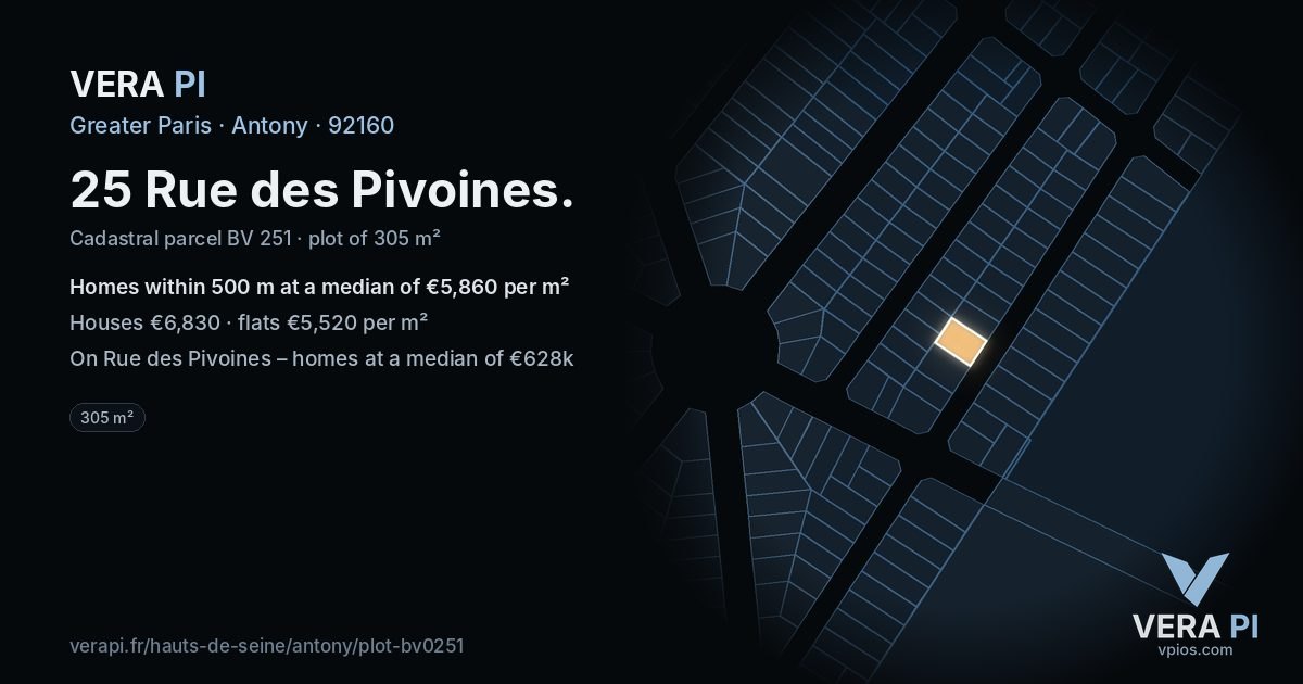 25 Rue des Pivoines, Antony at night – the plot lit, the parcels around coloured by the prices near them