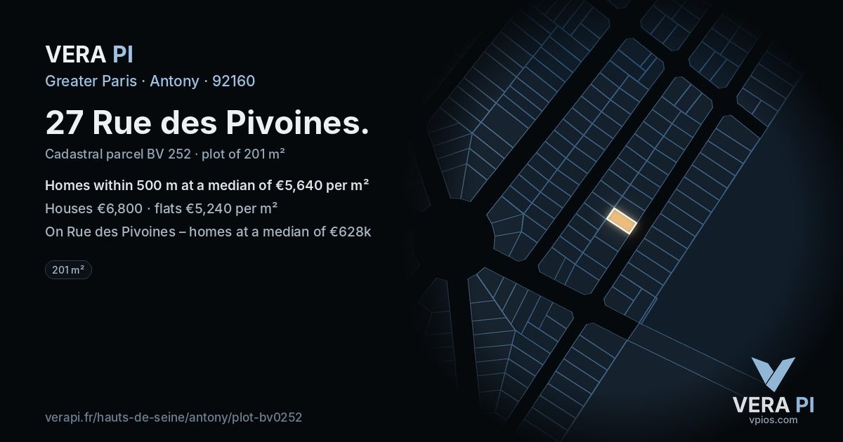 27 Rue des Pivoines, Antony at night – the plot lit, the parcels around coloured by the prices near them