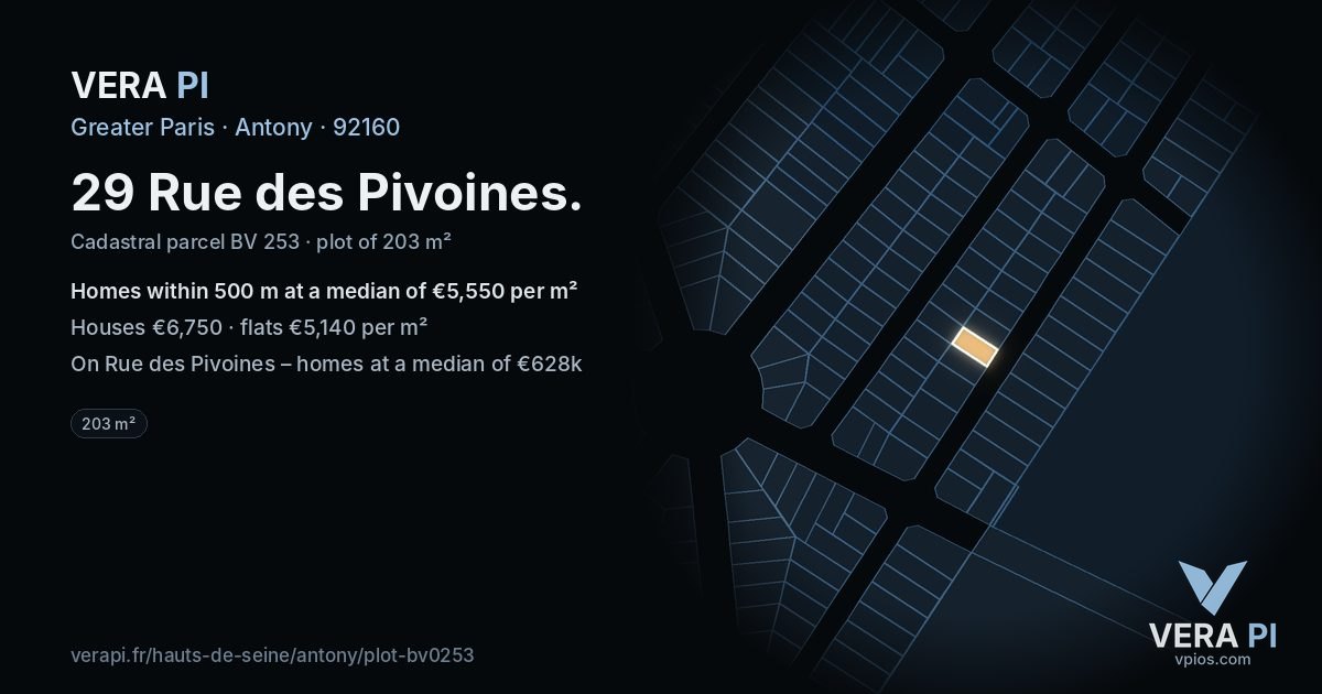 29 Rue des Pivoines, Antony at night – the plot lit, the parcels around coloured by the prices near them