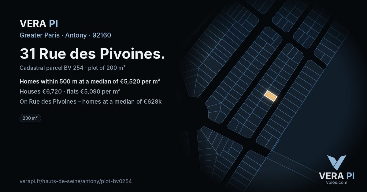 31 Rue des Pivoines, Antony at night – the plot lit, the parcels around coloured by the prices near them