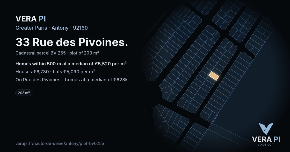 33 Rue des Pivoines, Antony at night – the plot lit, the parcels around coloured by the prices near them