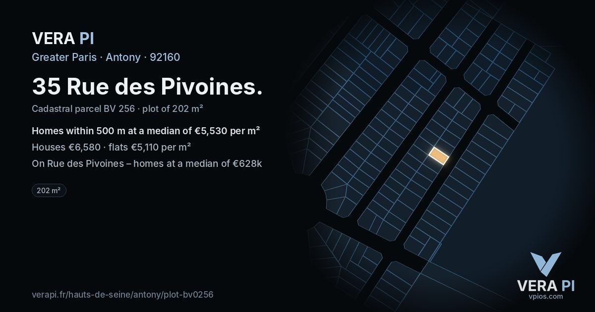 35 Rue des Pivoines, Antony at night – the plot lit, the parcels around coloured by the prices near them