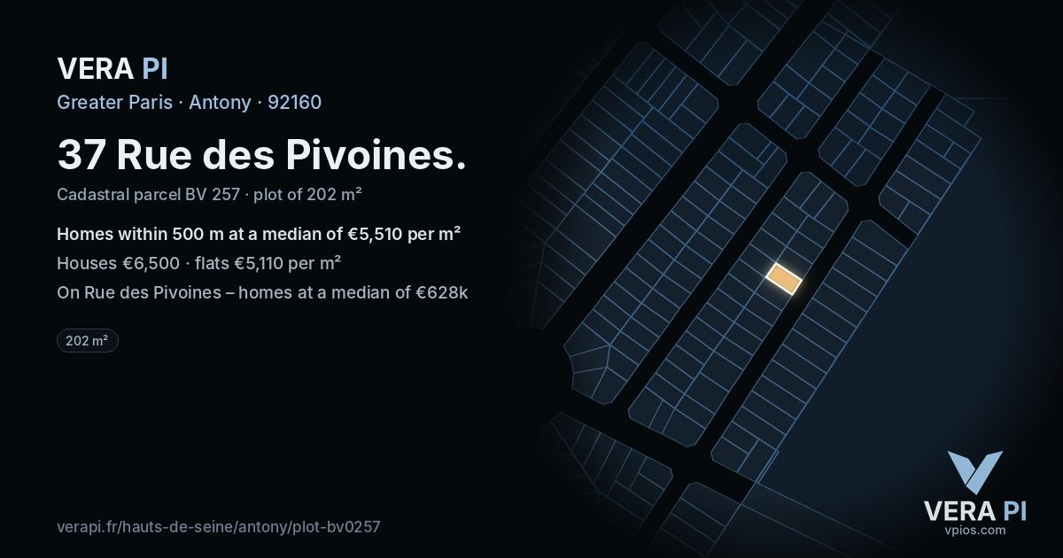 37 Rue des Pivoines, Antony at night – the plot lit, the parcels around coloured by the prices near them