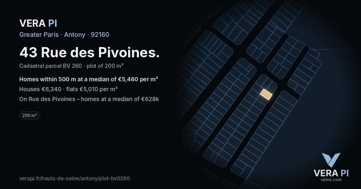 43 Rue des Pivoines, Antony at night – the plot lit, the parcels around coloured by the prices near them