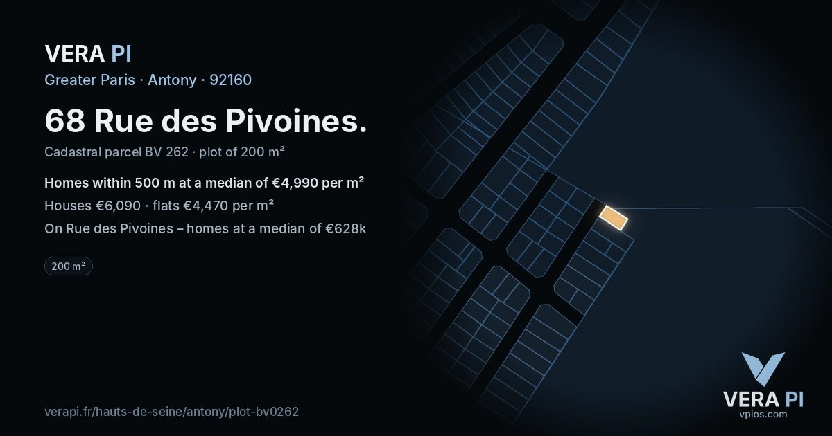 68 Rue des Pivoines, Antony at night – the plot lit, the parcels around coloured by the prices near them