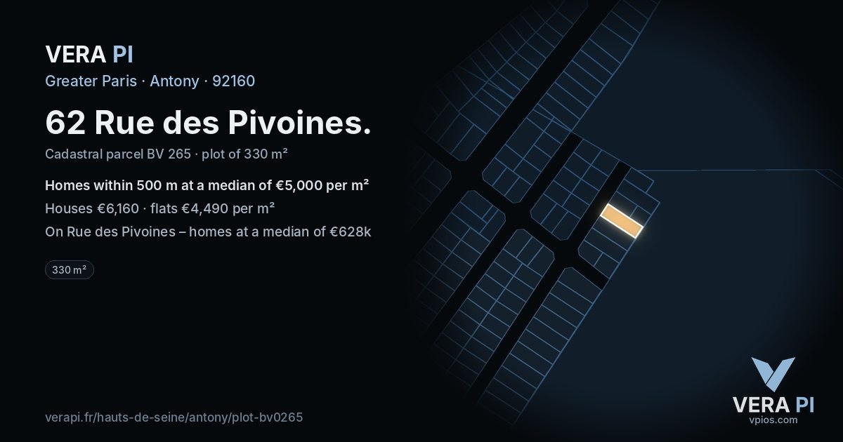 62 Rue des Pivoines, Antony at night – the plot lit, the parcels around coloured by the prices near them