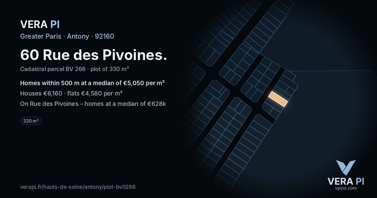 60 Rue des Pivoines, Antony at night – the plot lit, the parcels around coloured by the prices near them