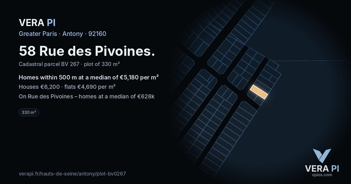 58 Rue des Pivoines, Antony at night – the plot lit, the parcels around coloured by the prices near them