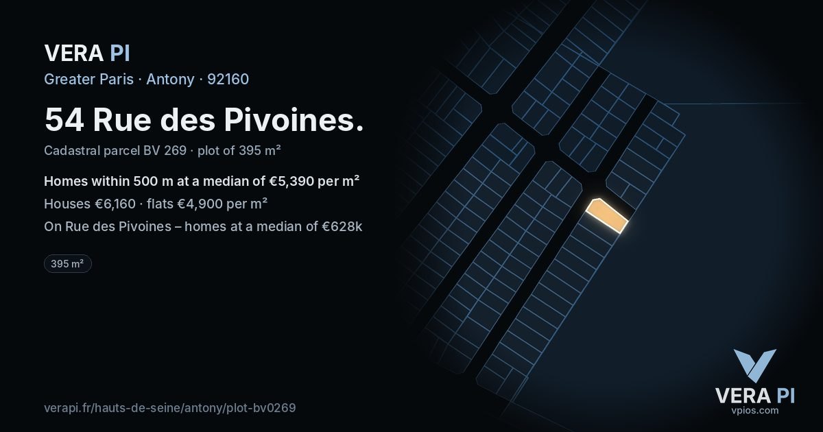 54 Rue des Pivoines, Antony at night – the plot lit, the parcels around coloured by the prices near them