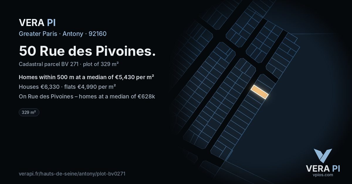 50 Rue des Pivoines, Antony at night – the plot lit, the parcels around coloured by the prices near them