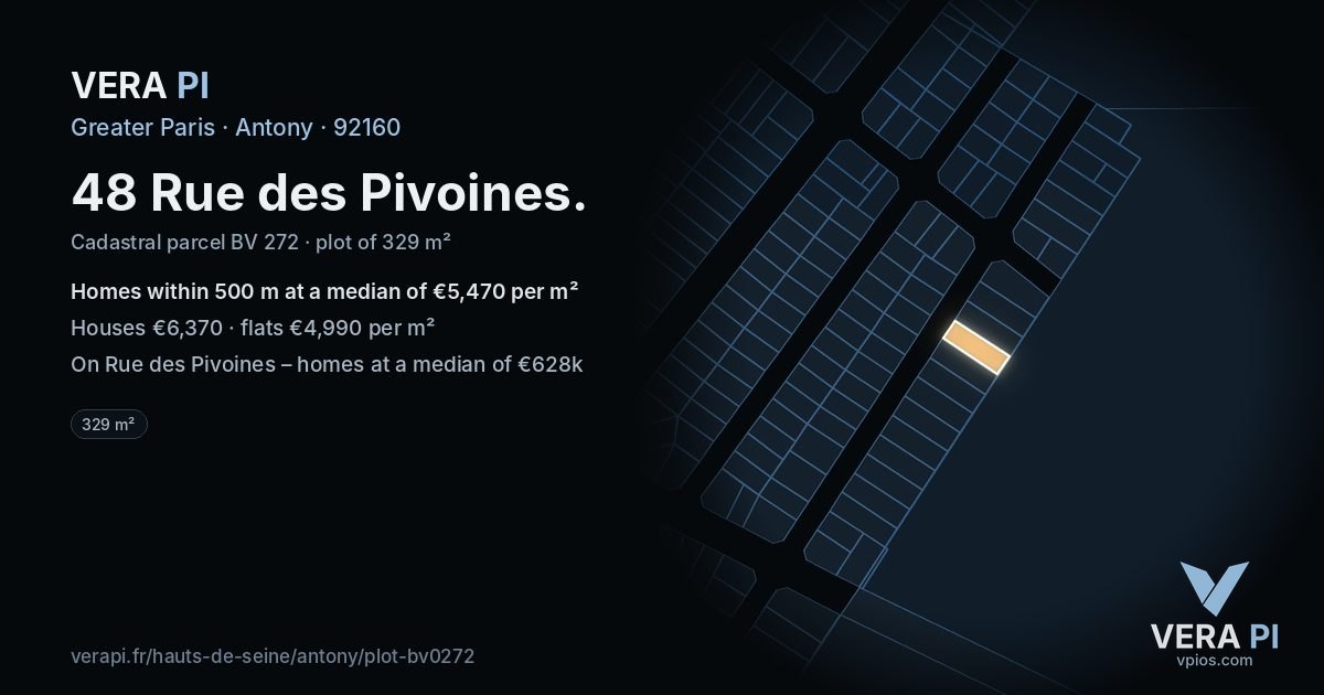 48 Rue des Pivoines, Antony at night – the plot lit, the parcels around coloured by the prices near them