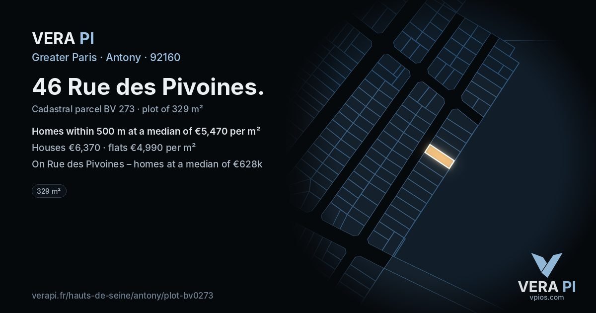 46 Rue des Pivoines, Antony at night – the plot lit, the parcels around coloured by the prices near them