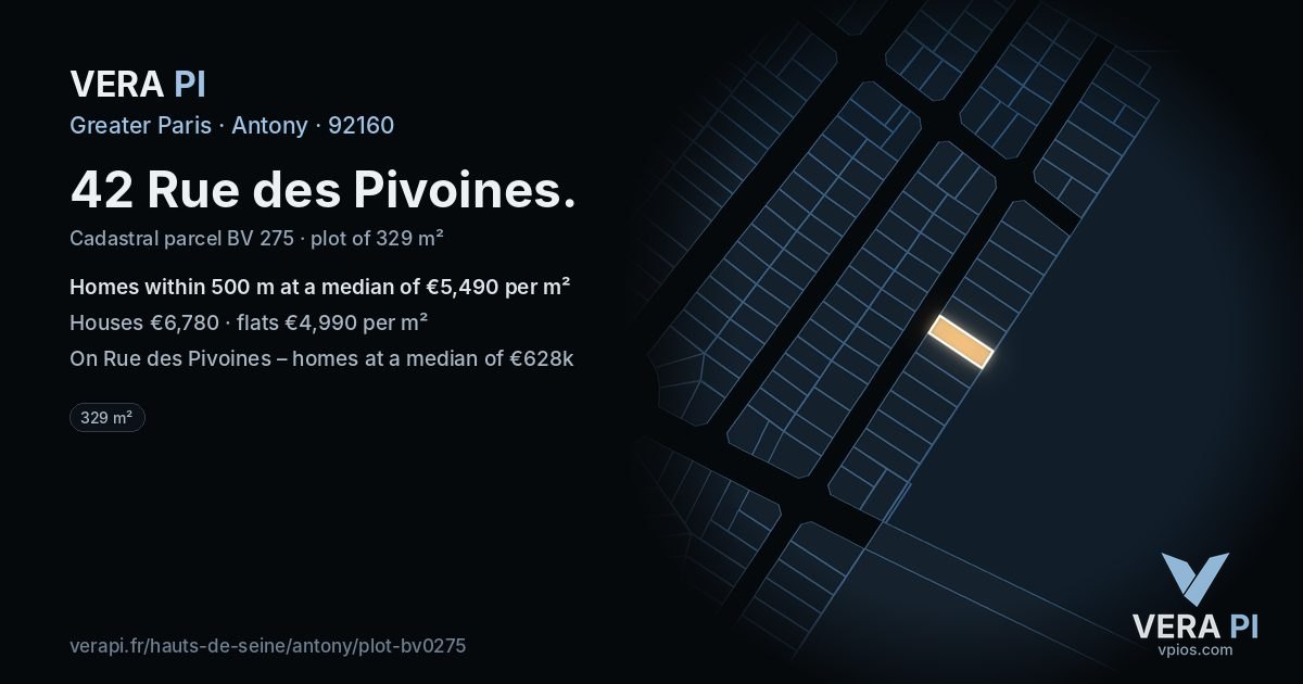 42 Rue des Pivoines, Antony at night – the plot lit, the parcels around coloured by the prices near them