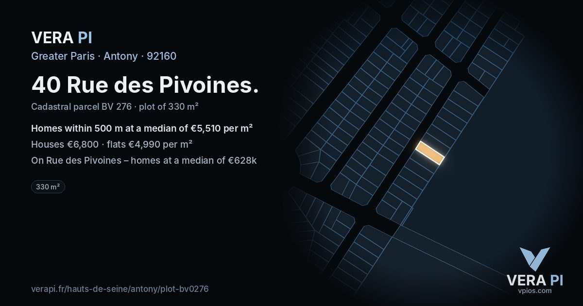 40 Rue des Pivoines, Antony at night – the plot lit, the parcels around coloured by the prices near them