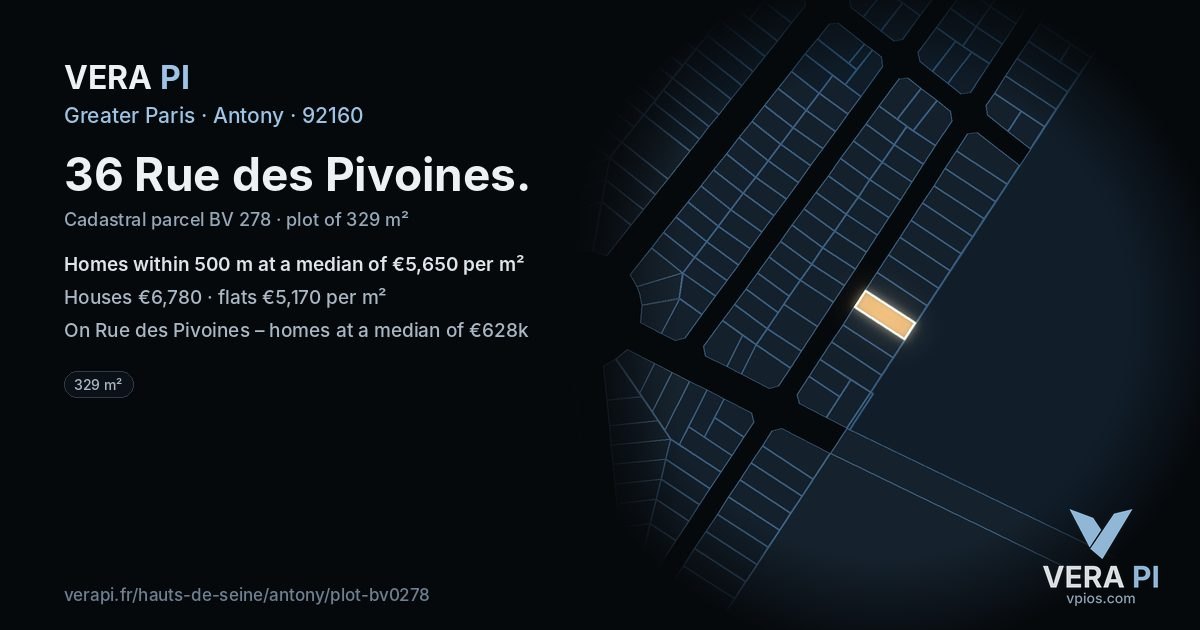 36 Rue des Pivoines, Antony at night – the plot lit, the parcels around coloured by the prices near them