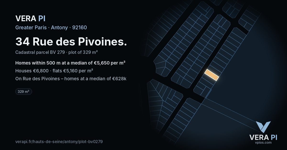 34 Rue des Pivoines, Antony at night – the plot lit, the parcels around coloured by the prices near them